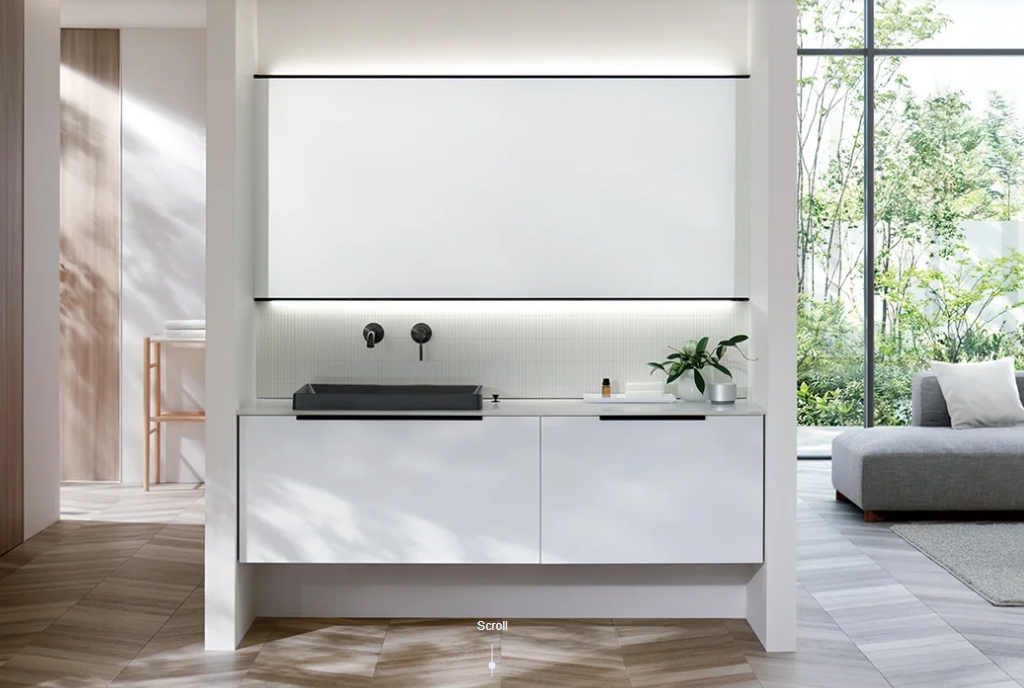 TOTOの最高級洗面化粧台のエスクアの画像です。 人気のブラックの洗面ボウルと水栓がとてもおしゃれです。